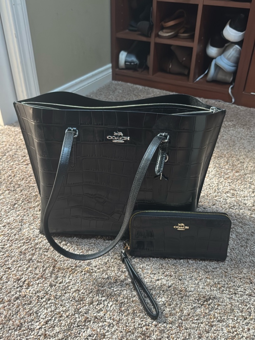 Coach Black Croc-Mollie Tote with Matching Wallet Set